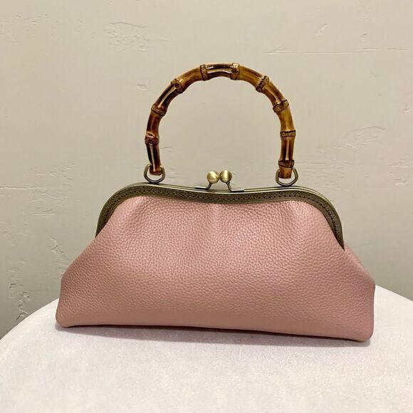 Handsewn Genuine Premium Pebble Leather Real Bamboo Handle Bag/Crossbody - Picture 2 of 14